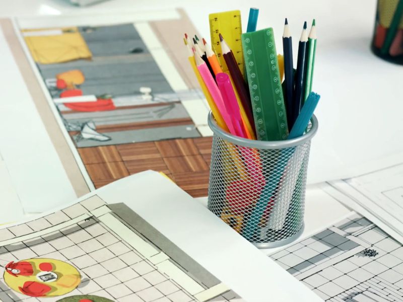 prikaz olovaka i lenjira u čaši, kancelarijski pribor